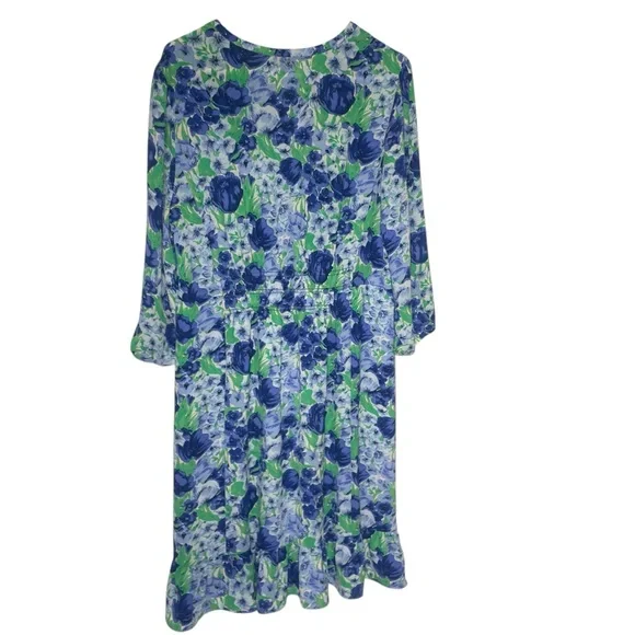 Talbots Botanical Garden Blue Green Long Sleeve Dress Floral 14 - Picture 3 of 8